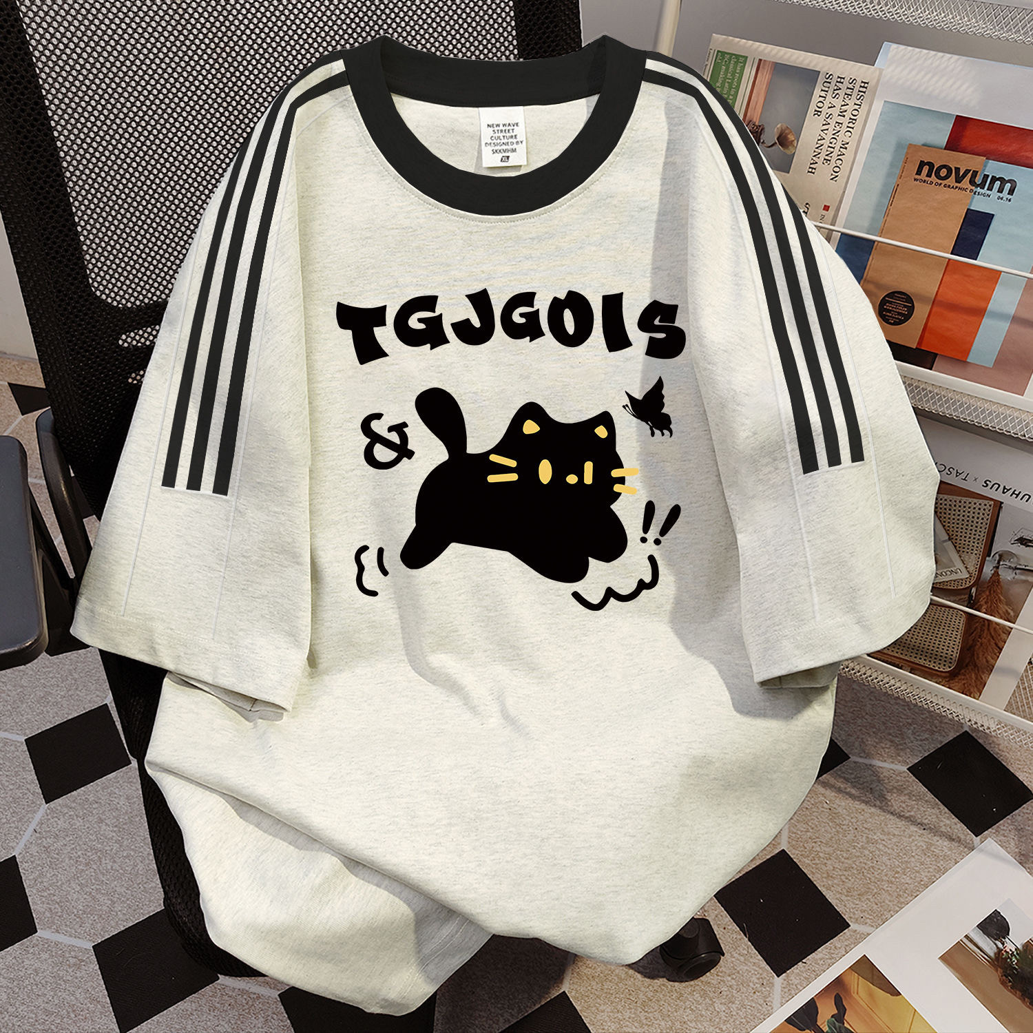 美式纯棉三条杠短袖t恤女童夏季2025新款猫咪设计感宽松半袖上衣