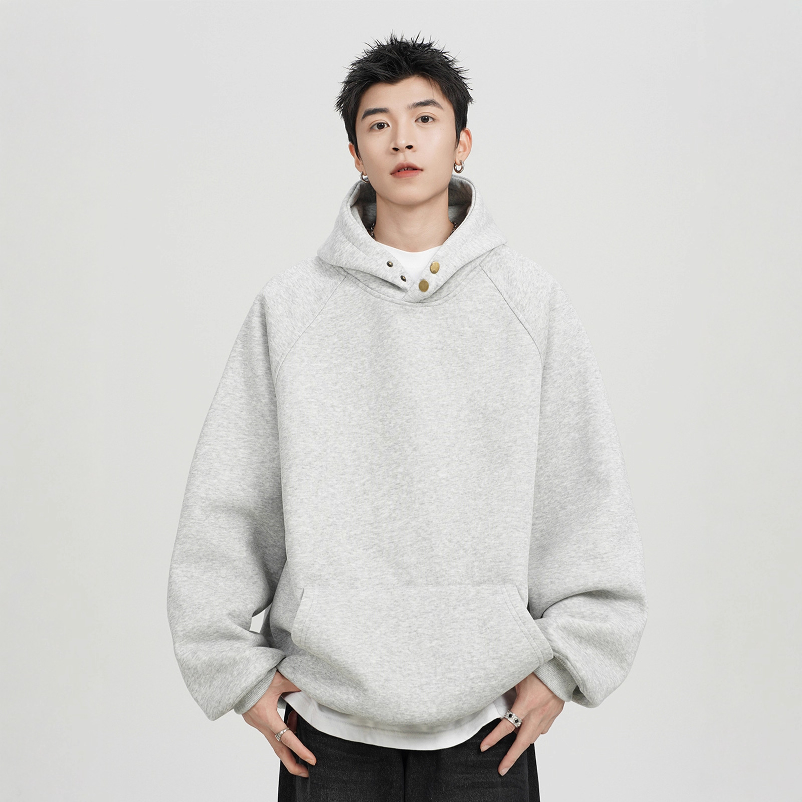 美式重磅纽扣连帽卫衣男春秋款