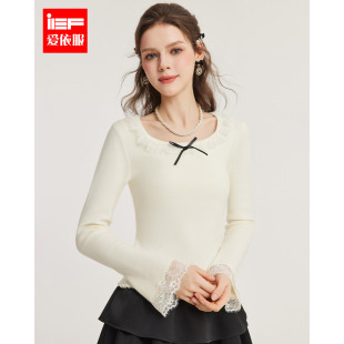 爱依服2024冬季 修身 新款 温柔风蕾丝拼接设计纯欲时尚 上衣 法式 IEF