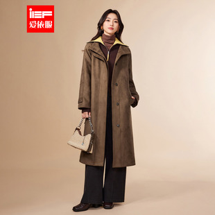 IEF/爱依服2025冬季新款磨砂皮长外套英伦风皮衣宽松立领通勤风衣