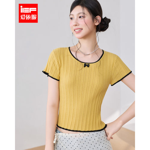 IEF/爱依服2026夏秋新款甜美撞色圆领短袖针织衫女蝴蝶结修身显瘦