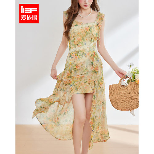IEF/爱依服2026夏季新款浪漫度假风碎花吊带连衣裙女荷叶边气质