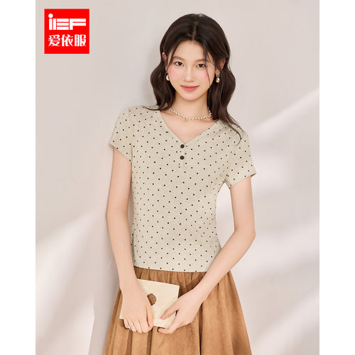 IEF/爱依服2026夏秋新款韩系V领波点短袖T恤女百搭修身显瘦上衣