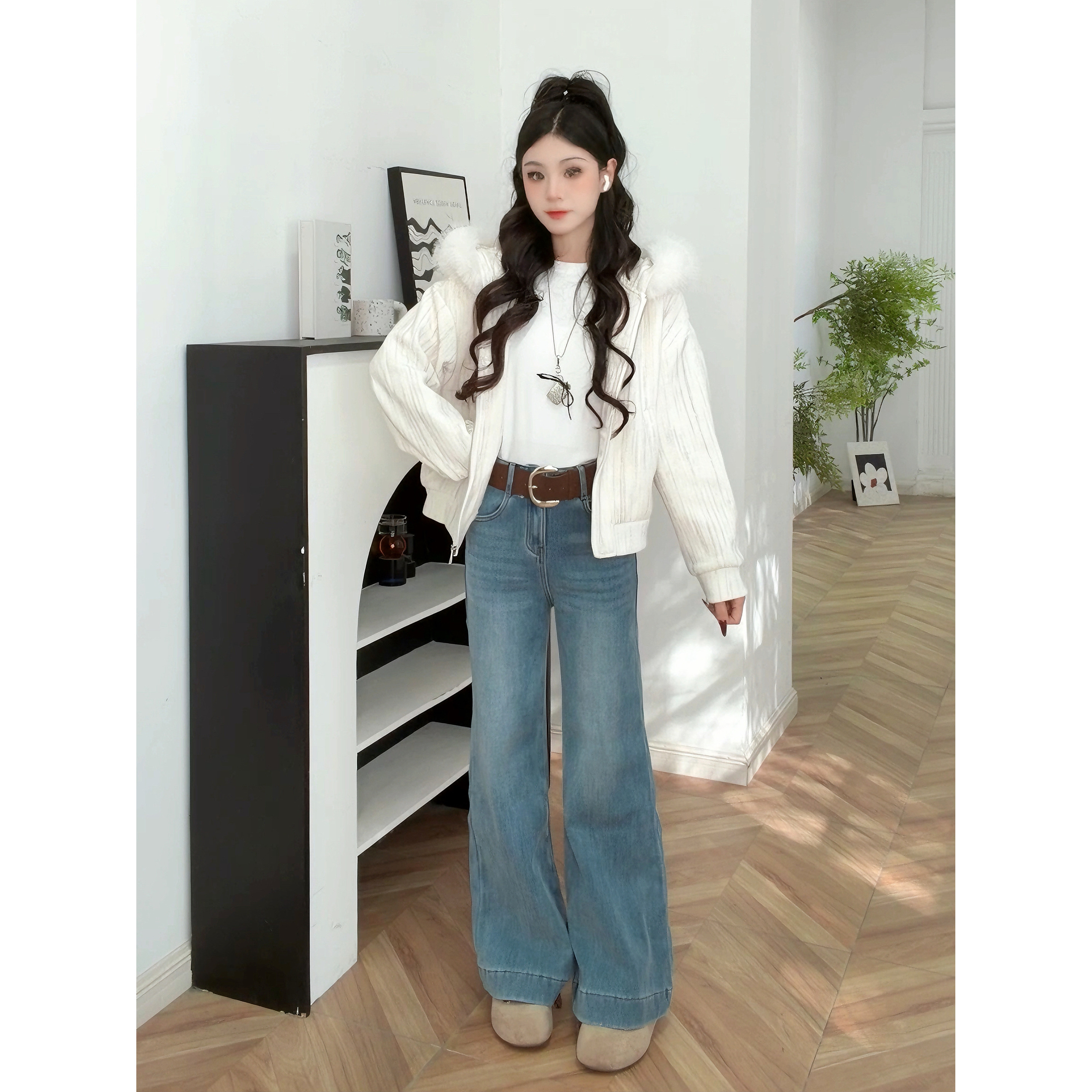 IEF/爱依服2025新款冬季加绒加厚时尚百搭牛仔直筒喇叭裤