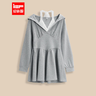 法式 新款 甜美休闲运动风设计感连帽连衣裙 爱依服2026春季 IEF