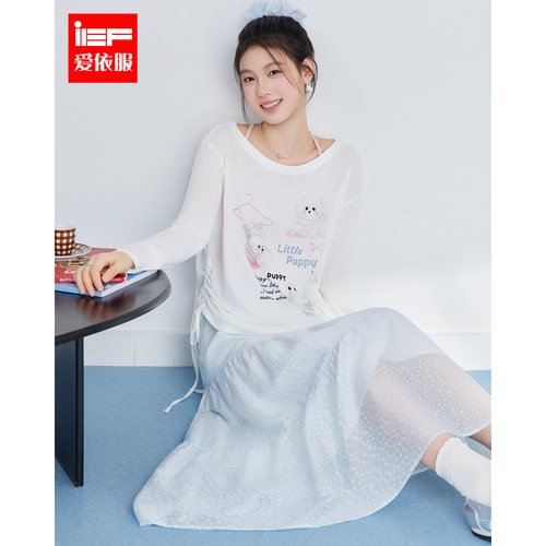 IEF/爱依服2026夏秋新款卡通印花长袖T恤女抽绳宽松慵懒风上衣