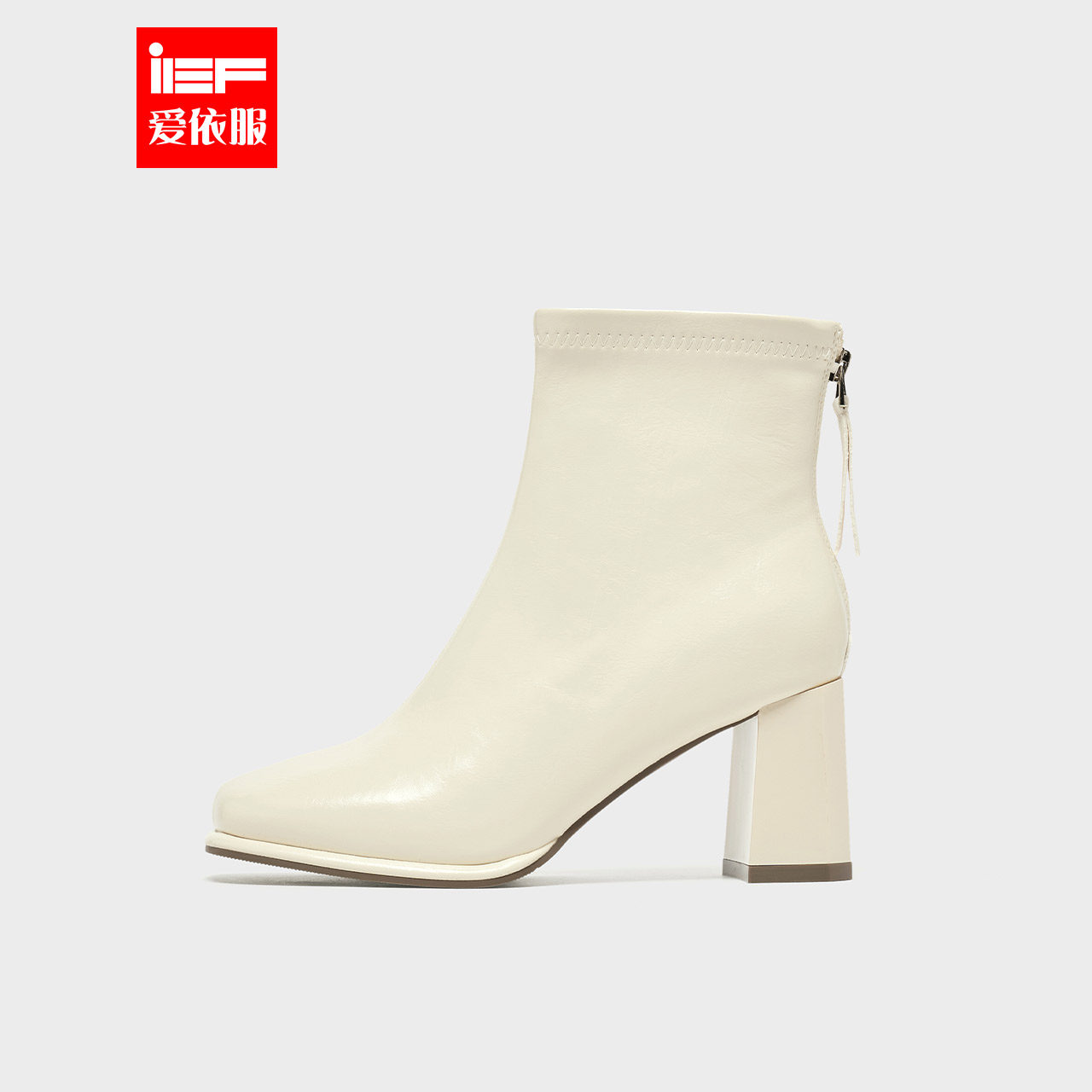 IEF/爱依服2025冬季新款方头粗跟短靴女气质高跟踝靴后拉链时装靴