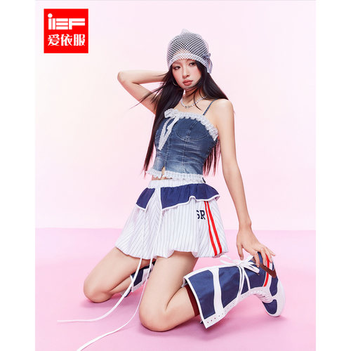 IEF/爱依服2026夏季新款牛仔辣妹风荷叶边绑带抹胸背心收腰显瘦