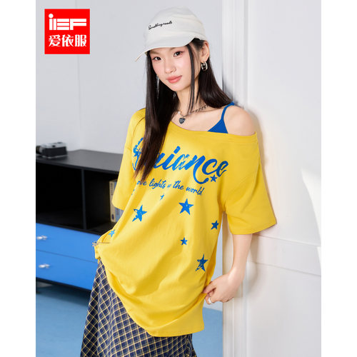 IEF/爱依服2026夏季新款美式慵懒风斜肩印花短袖T恤宽松显瘦时尚