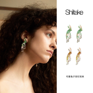 shiitake 可爱兔子珍珠耳环耳夹原创小众设计时尚甜美耳钉女潮