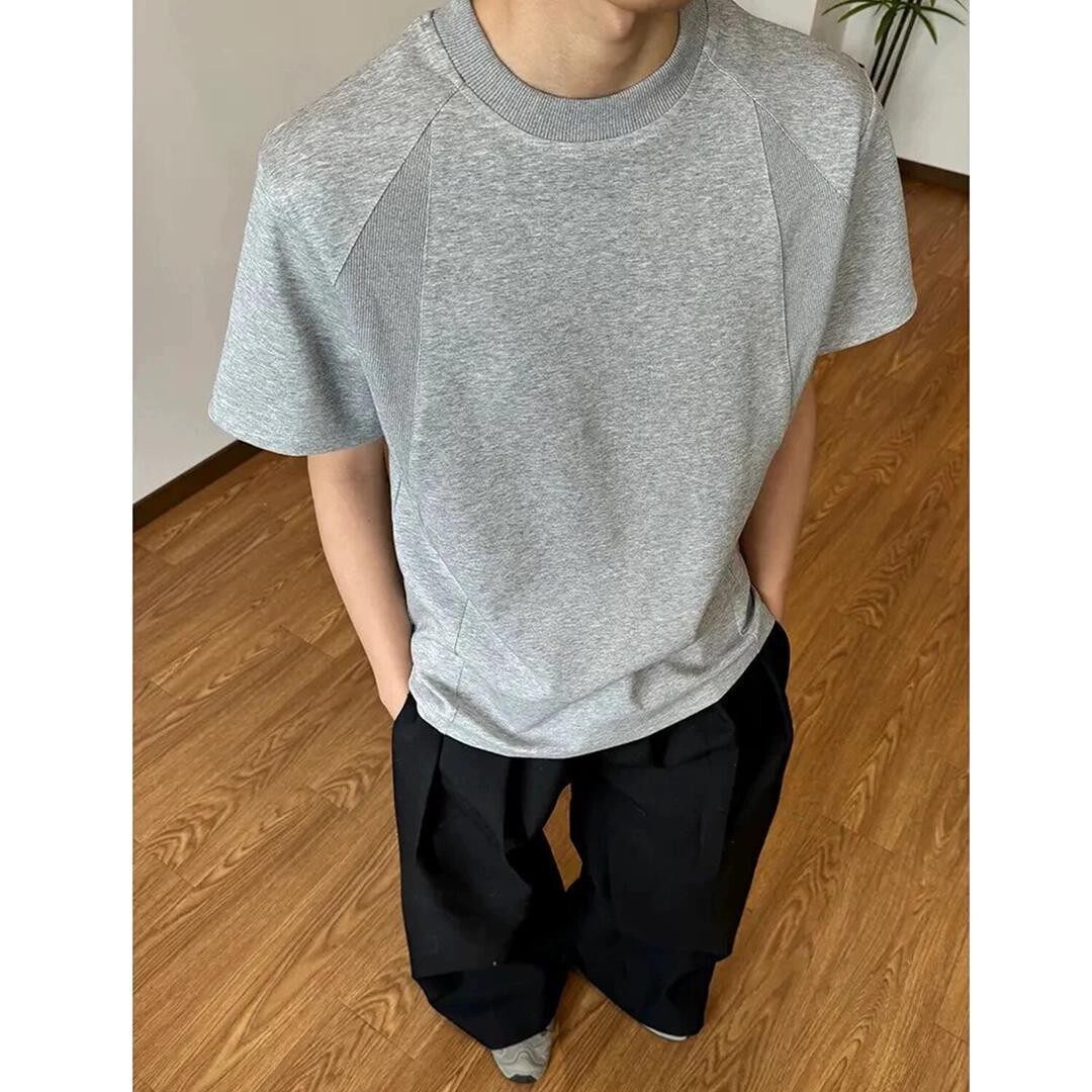 美式休闲重磅解构正肩短袖男士夏季t恤拼接高级感小领口灰色上衣