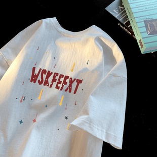 美式重磅纯棉短袖t恤男夏季学生新款流星雨印花高级感宽松上衣服