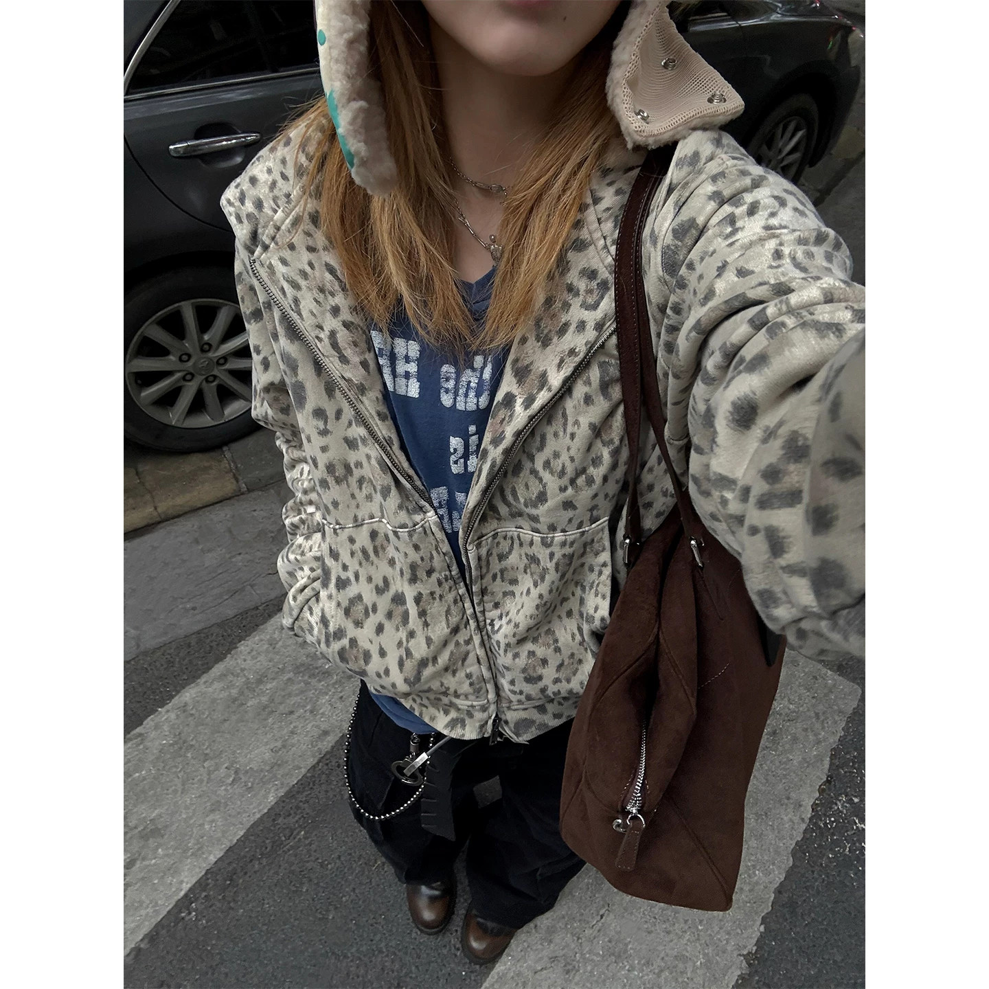 松弛感银山猫豹纹连帽开衫短宽卫衣男女秋季新款美式街头帽衫外套