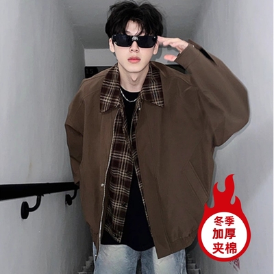 冬季加厚美式复古棕色外套男女春秋假两件拼接飞行夹克翻领棒球服