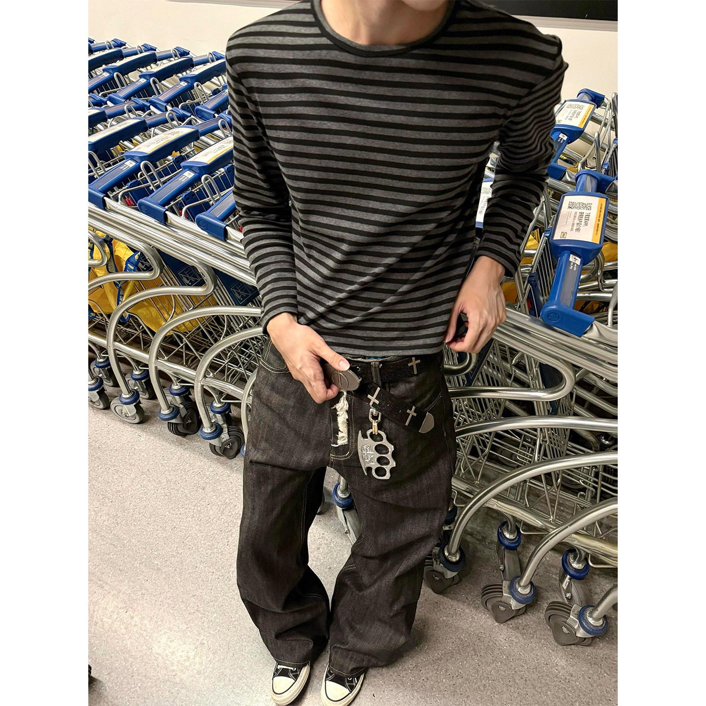 美式复古黑灰条纹正肩长袖T恤男cleanfit秋季圆领套头修身打底衫
