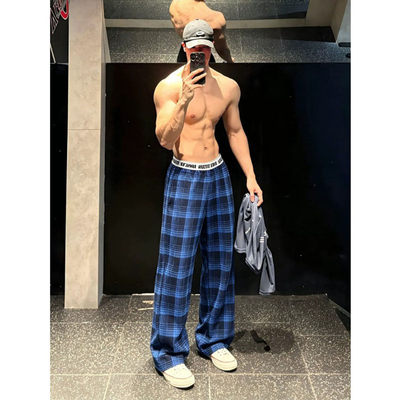 美式复古格纹宽松阔腿格子休闲裤男女夏季薄款字母拼接垂感运动裤