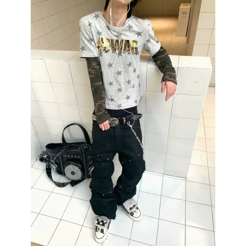 美式街头假两件星星豹纹烫金印花长袖T恤男轻亚街头迷彩拼接上衣
