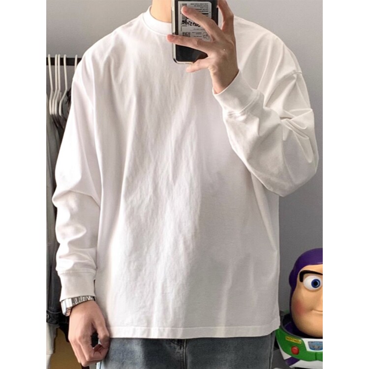 280g重磅小领口长袖T恤男纯棉春秋基础款白色2025秋冬内搭打底衫