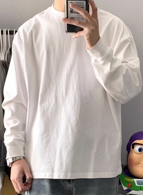 280g重磅小领口长袖T恤男纯棉春秋基础款白色2025秋冬内搭打底衫