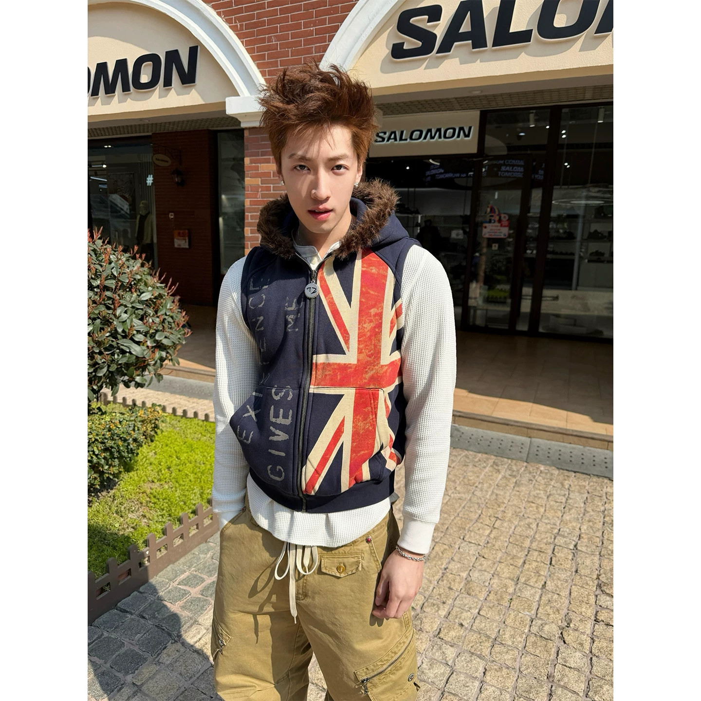 英伦风旗帜印花连帽马甲男春秋百搭休闲做旧毛领拉链无袖背心外套
