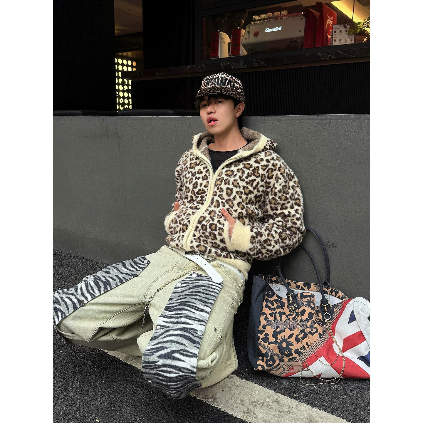 美式街头豹纹短款毛衣外套男秋冬新款连帽针织开衫y2k亚文化上衣
