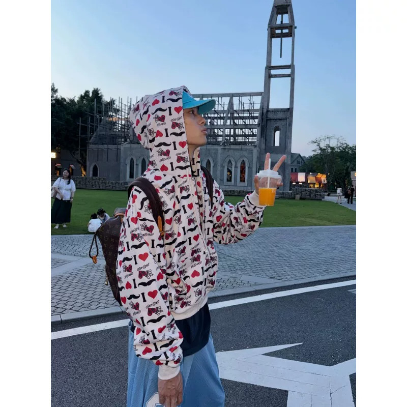 I LOVE小胡子爱心满印短宽连帽卫衣男女美式复古宽松拉链开衫外套
