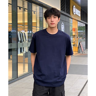 藏青色三本针260g重磅纯棉男生短袖纯色t恤男士夏季2026上衣服男