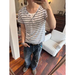y2k轻亚风条纹天丝罩衫男女夏薄款连帽正肩短袖t恤古早感修身上衣