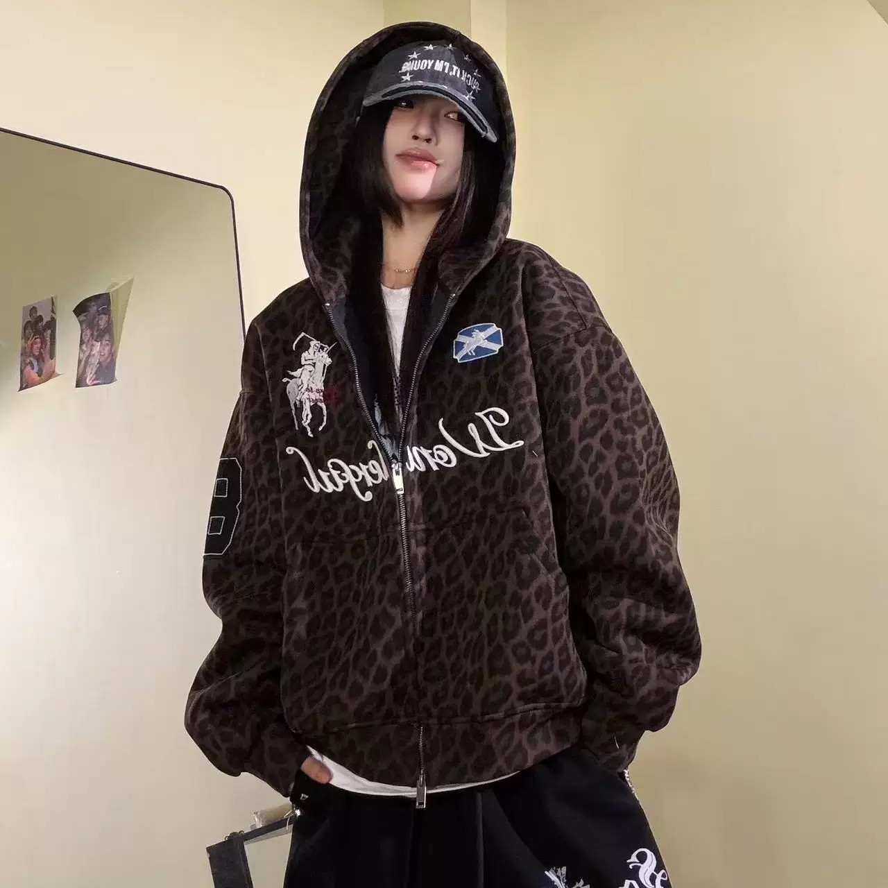 国潮美式豹纹贴布刺绣印花连帽卫衣男女春秋季宽松boxy开衫外套