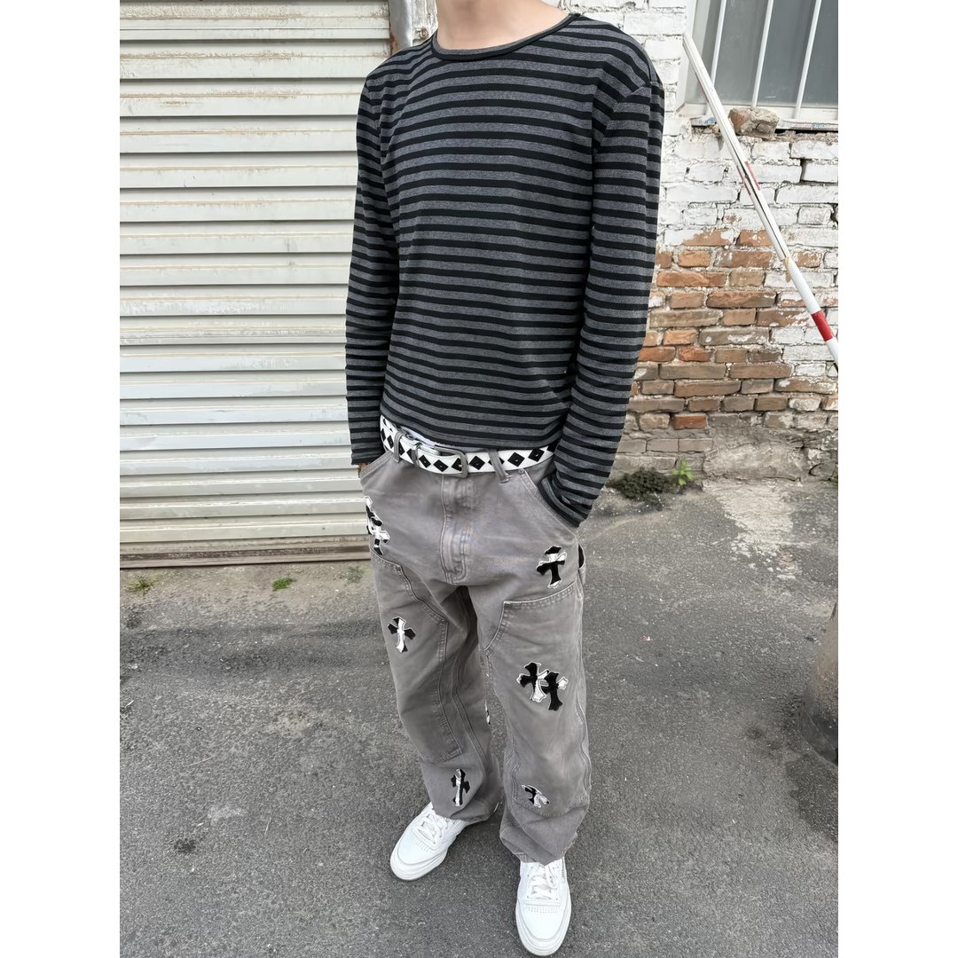 春秋季复古百搭圆领黑灰条纹长袖T恤美式街头正肩修身短款打底衫