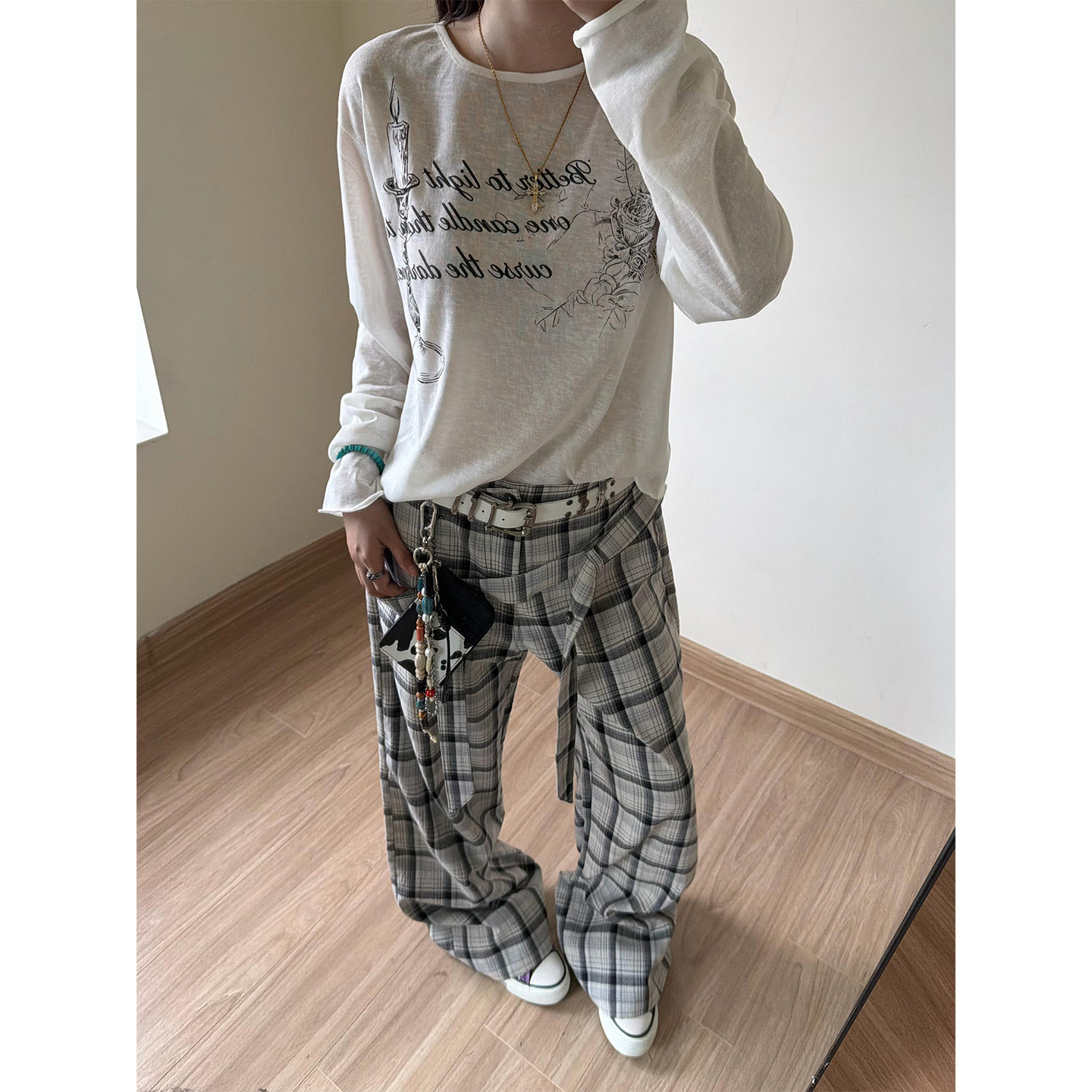 美式复古烛台玫瑰印花长袖T恤男女夏季凉感透视慵懒叠穿防晒罩衫