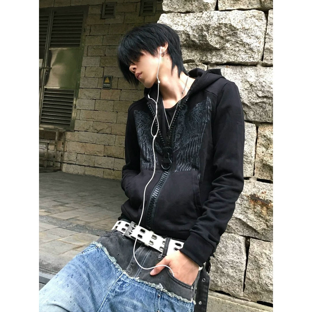 亚文化大拉链外套男女款秋季闪粉印花连帽卫衣修身正肩上衣视觉系