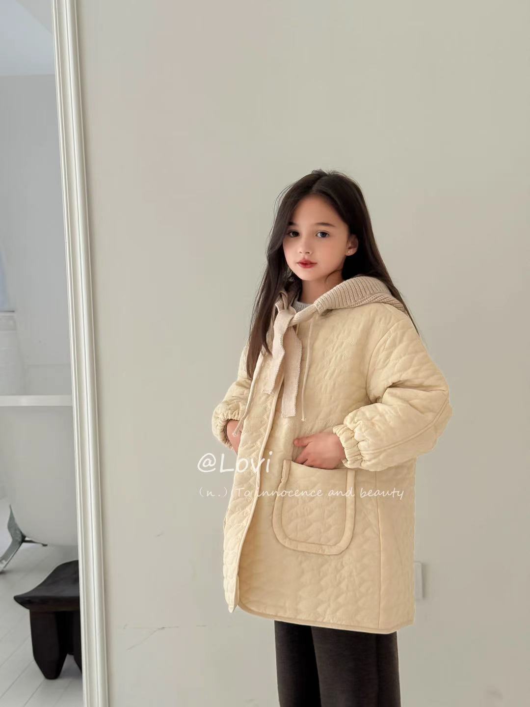 韩国品牌童装Lovi25冬款棉服外套时尚百搭洋气针织毛线帽可拆外套