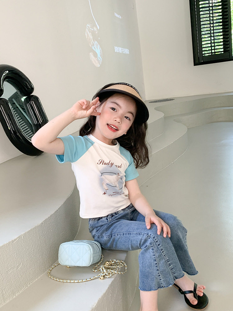 品牌童装2023夏季新女童韩版休闲百搭弹力修身薄款牛仔喇叭九分裤
