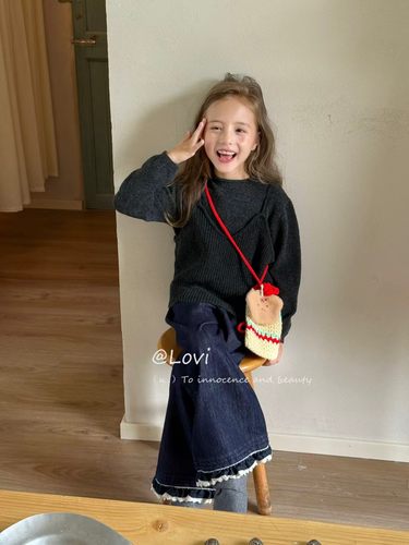 韩国品牌童装Lovi25秋新女童洋气针织毛衣时髦花边牛仔阔腿裤套装