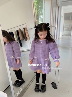 韩国品牌童装 女童梦幻紫色花边外套洋气泡泡袖 新品 2022秋款 连衣裙