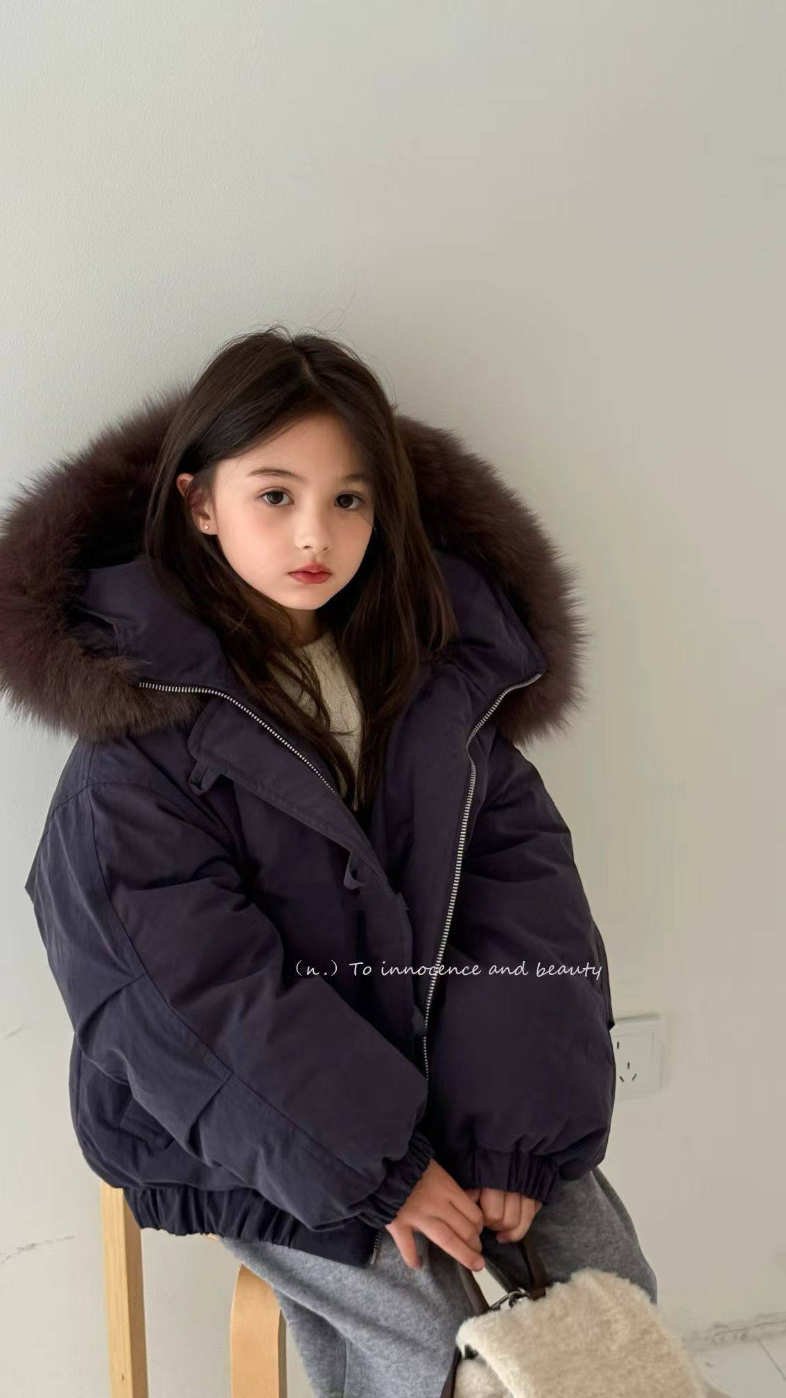 韩国品牌童装Lovi25冬款新女童洋气百搭连帽外套90白鸭绒羽绒服潮