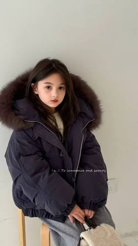 韩国品牌童装Lovi25冬款新女童洋气百搭连帽外套90白鸭绒羽绒服潮