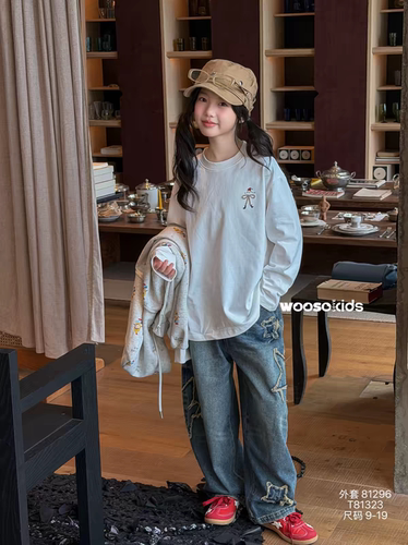 韩国童装abc品牌2026秋新女童洋气刺绣蝴蝶结T恤宽松百搭打底衫潮