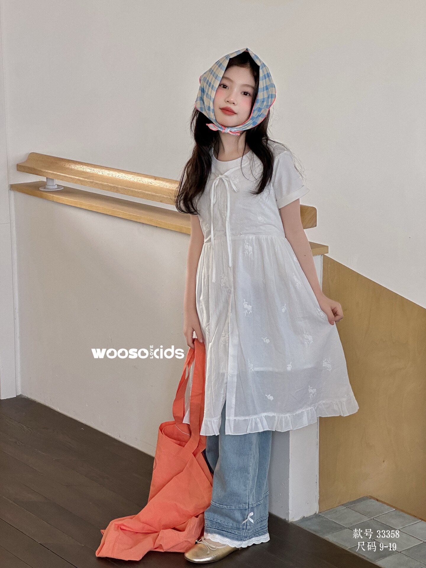 韩国品牌童装wooso26春夏款新女童洋气百搭刺绣连衣裙牛仔裤套装