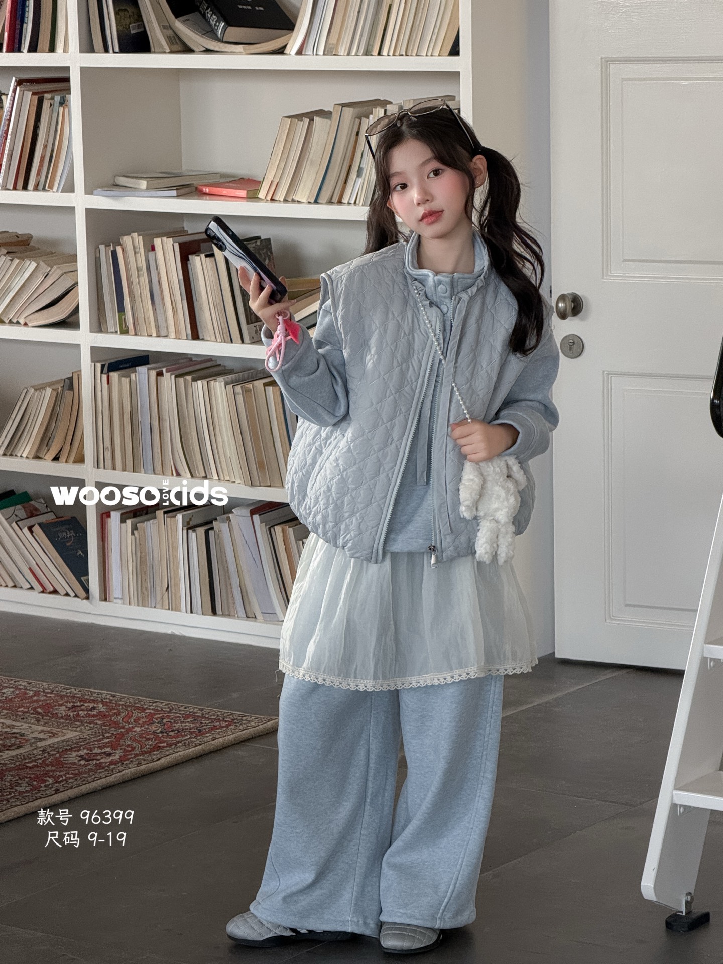韩国童装woos品牌26秋冬新女童洋气马甲宽松百搭卫衣裤一体绒套装