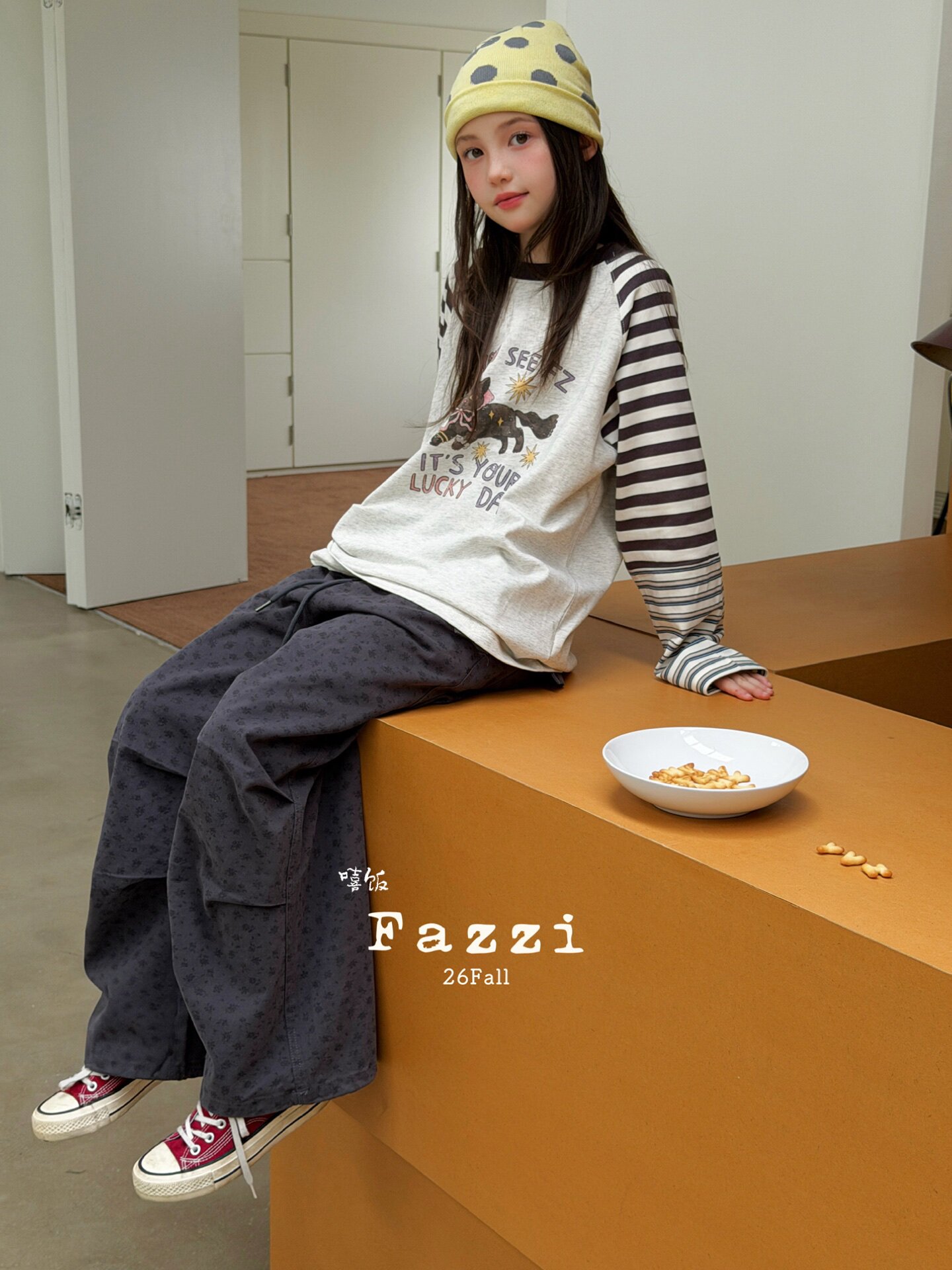 韩国品牌法吱童装2026秋新女童拼接条纹印花猫咪T洋气碎花工装裤