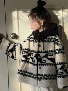 韩国品牌童装早安觅加新款女童羊羔毛外套女洋气撞色皮毛一体大衣