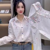 衬衫 简约风多巴胺扣子女装 上衣 百搭棉款 刺绣POLO领长袖 春秋季 新款