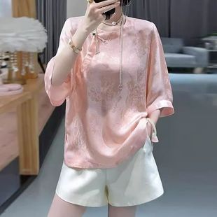 新款 半袖 夏季 复古中袖 国风提花设计女圆领优雅上衣 气质小衫 新中式