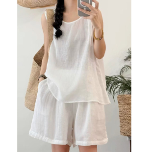 套装 两件装 简约风纯色文艺夏季 复古无袖 2025女装 时尚 新款 背心短裤