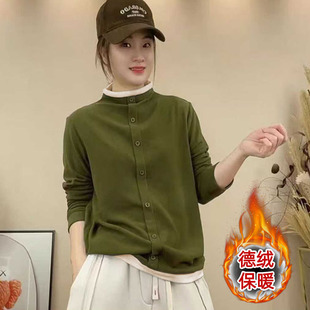 纽扣装 双面德绒撞色半高领长袖 保暖内搭打底衫 新款 饰 t恤女秋冬季