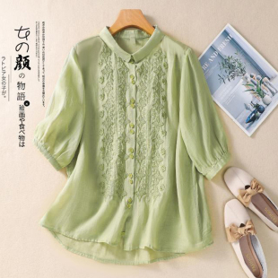 新款 刺绣棉款 棉麻短袖 女宽松休闲开衫 上衣文艺 衬衫 绿色小清新夏季