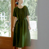 女装 森系文艺夏季 系带口袋设计裙子 中长款 棉麻连衣裙大码 新款 短袖