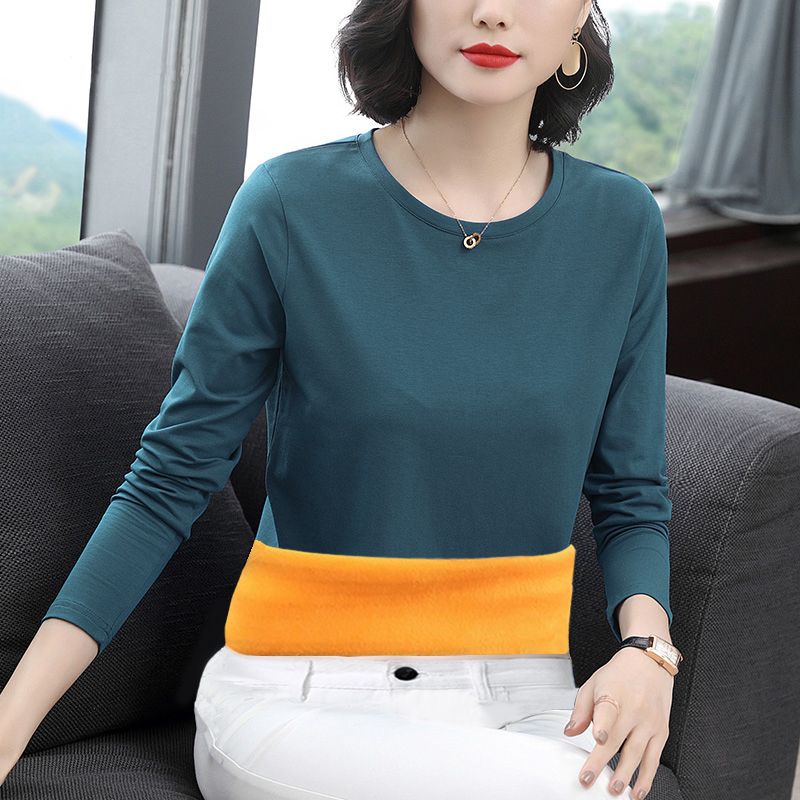 妈妈装洋气减龄加绒加厚保暖长袖打底衫上秋冬季新款内搭气质T恤